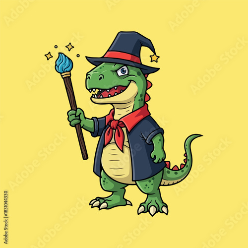 Adorable Green T-Rex Dinosaur Dressed as a Wizard with a Magic Wand