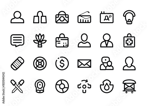 Set of 24 simple black outline icon design isolated on