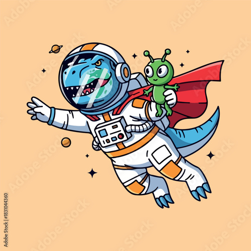 Astronaut Dinosaur and Alien Flying in Space Cartoon Illustration