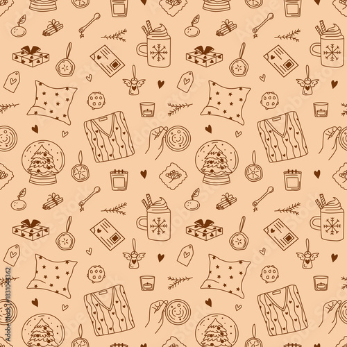 Cozy homey winter seamless vector pattern of whimsical festive doodle elements of sweater, letters, sweet food, hot drinks, snow globe, plants, candles on beige background.