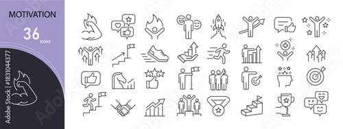 Motivation icons set for inspiration, success, focus, productivity, goal, achievement, and positive mindset. Editable stroke.