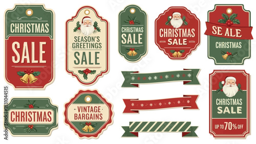 Vector illustration of collection of vintage christmas sale and season greeting tag labels with festive holiday design elements