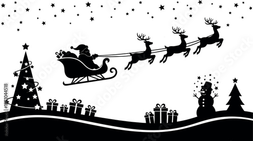Santa Claus and reindeer vector silhouette illustration on a city street pattern design with buildings and a black sky art