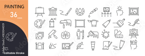 Painting icons set for brush, color, palette, artwork, creativity, canvas, and drawing tools. Editable stroke.