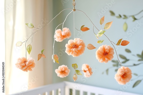 A whimsical mobile design with hanging Peach Fuzz flowers in a baby nursery,