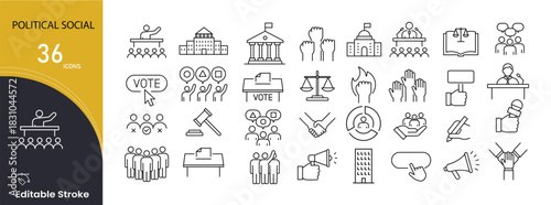 Political and  social icons set for society, community, election-neutral symbols, public issues, communication, unity, and social awareness. Editable stroke.