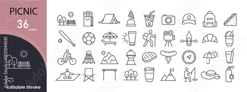 Picnic icons set for food, basket, outdoor fun, blanket, drink, fruits, snacks, and family activities. Editable stroke.