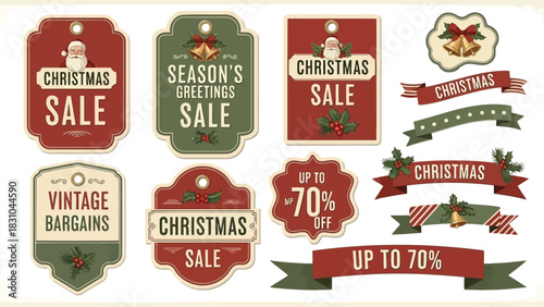 Vector illustration of collection of vintage christmas sale tag, banner, and label design element