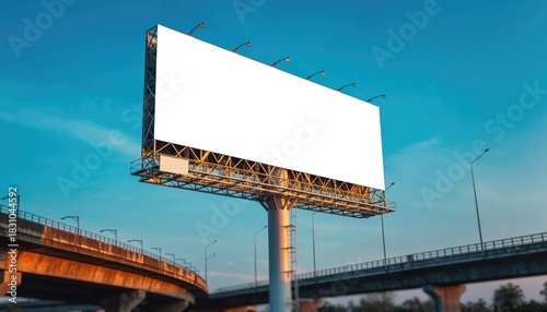 Empty Billboard on Bridge at Sunset in Urban Environment