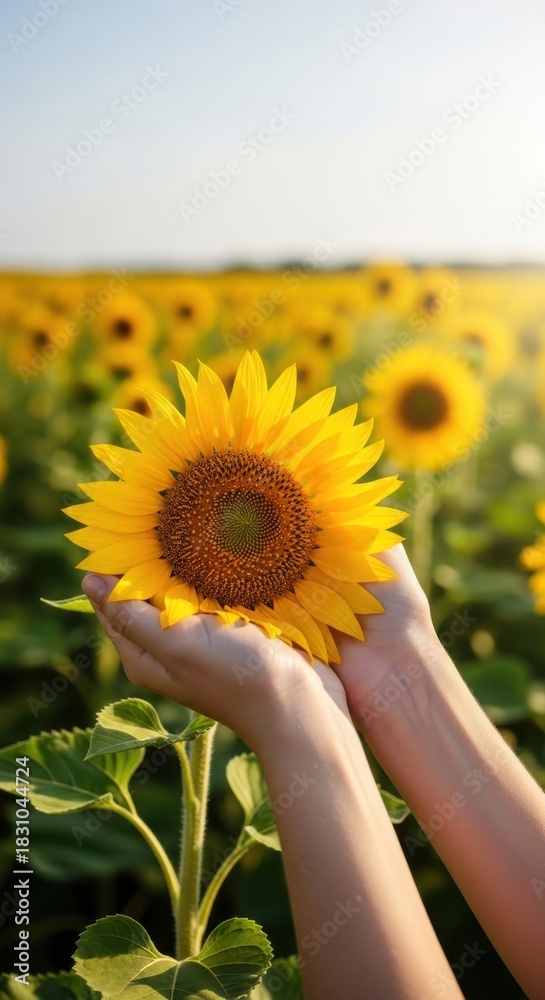 Fototapeta premium Hands holding bright sunflower in field at sunset