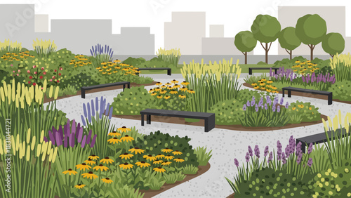 Park with winding paths benches and diverse plantings