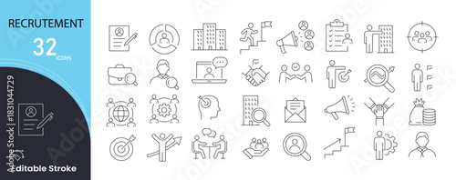 Recruitment icons set for hiring, CV, interview, job application, human resources, and candidate search. Editable stroke.