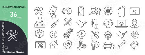 Repair and maintenance icons set for fixing, tools, mechanics, inspection, service, and technical support. Editable stroke. 