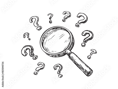Hand drawn magnifying glass doodle cartoon with question mark searching for hidden answers illustration