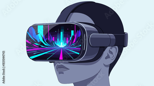 Person wearing VR headset displaying a neon city