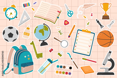 Sticker set of school supplies with boyish elements. Vector illustration for study, school, university. Colorful stationery for back to school projects. Isolated design for education materials.