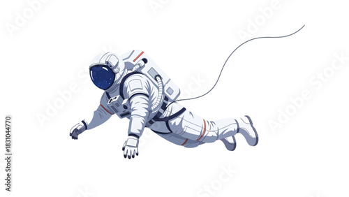 Pixel art astronaut floating with a tether in white space