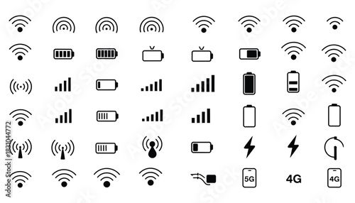 WiFi level icons and signal strength indicators, featuring battery charge symbols, vector illustrations representing connectivity, wireless networks, device status, and digital interface elements for 