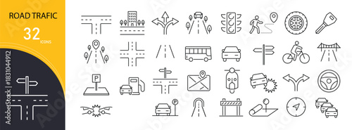 Road traffic icons set for driving, routes, vehicles, direction, safety, signs, and road systems. Editable stroke.
