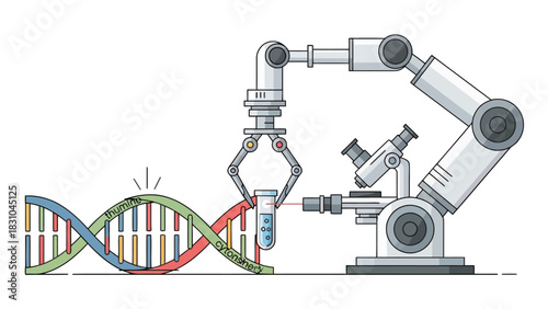 Robotic arm and microscope analyzing DNA strand