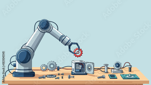 Robotic arm assembling a device on a wooden workbench