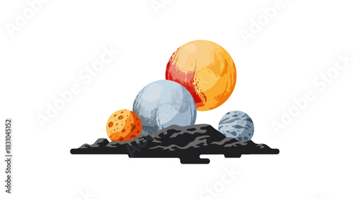 Pixel art planets on a dark rocky surface