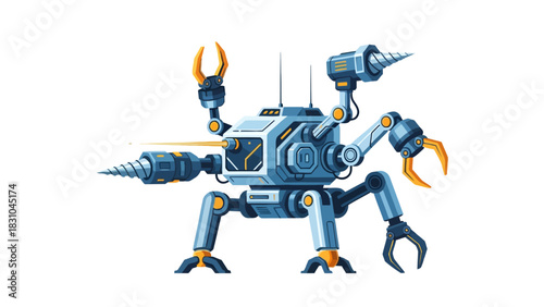Pixel art robot with drills and claws firing a laser beam