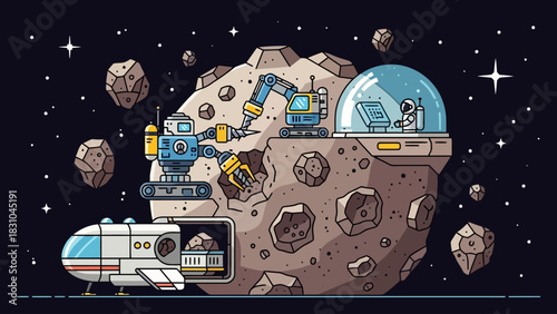 Pixel art scene of robots and astronaut mining an asteroid in space