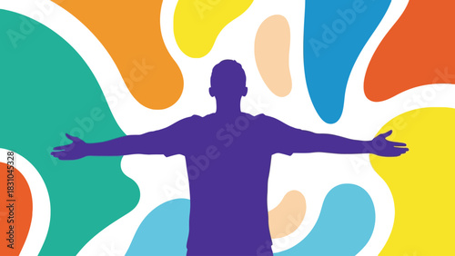 Purple silhouette of person with arms outstretched against colorful shapes