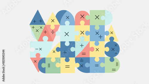 Puzzle pieces with mathematical symbols on a plain background