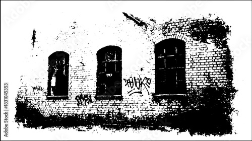 Wall with brick texture and graffiti silhouette. Black and white vector illustration displaying urban structure.