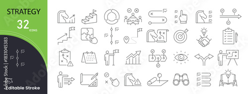 Strategy icons set for planning, goal, direction, success, growth, roadmap, and decision-making. Editable stroke.