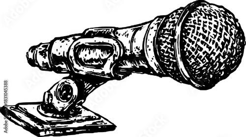 Vintage microphone engraving in line drawing style. Black and white vector illustration showcasing audio equipment in a simple graphic design.