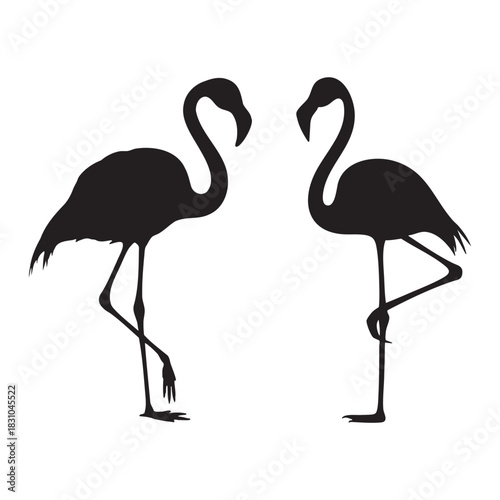Graceful flamingo silhouette balancing elegantly on simple white isolated surface