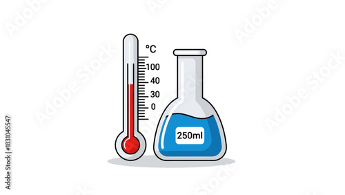 Scientific equipment thermometer and flask