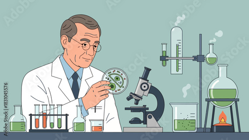 Scientist examines petri dish in laboratory with microscope and beakers