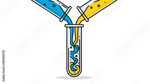 Two beakers pouring blue and yellow liquids into a test tube