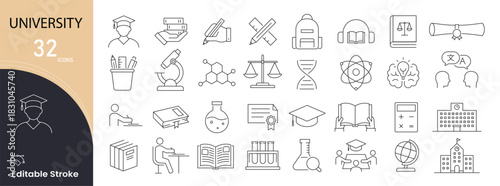 University icons set for campus, study, graduation, research, books, students, and academic systems. Editable stroke. 