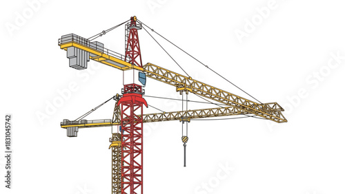 Two construction tower cranes with yellow and red structures
