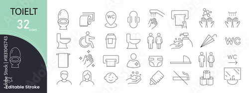 Toilet icons set for washroom, hygiene, privacy, bathroom, cleaning, sanitation, and facility symbols. Editable stroke. 