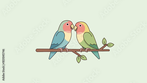 Two lovebirds perched on a branch with leaves
