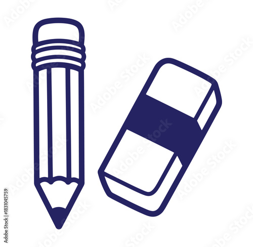 Vector illustration of a dark blue pencil and eraser against a white background for design.