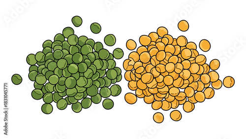 Two piles of dried legumes green on the left and yellow on the right