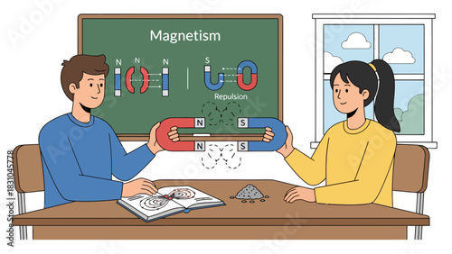 Two students demonstrate magnetism with horseshoe magnets