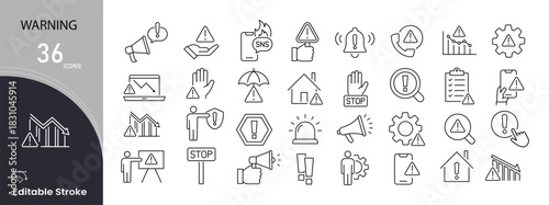 Warning icons set for alert, danger, caution, signal, hazard, emergency, and safety signs. Editable stroke.