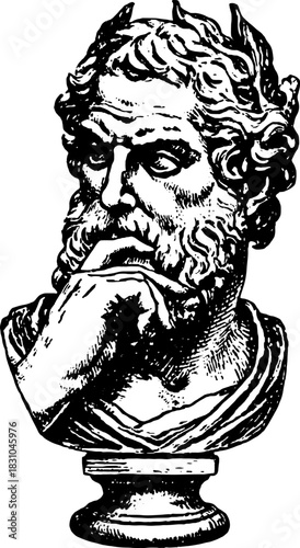 Bust of an ancient Greek philosopher. Detailed vector illustration in black and white, emphasizing classical art and culture in a lifelike style.