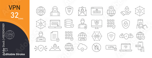 VPN icons set for privacy, encryption, security, shield, protection, tunnel, and safe browsing. Editable stroke. Outline icons.