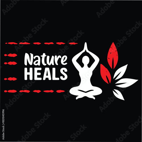 White figure meditating with leaves next to Nature Heals on a black background