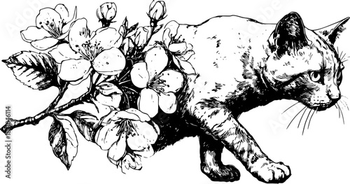 Cat illustration with flowers in a vintage black and white style. A detailed vector illustration featuring nature and wildlife elements in a captivating set.