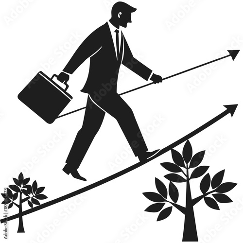 Businessman walking a tightrope balancing with a pole and carrying a briefcase above trees